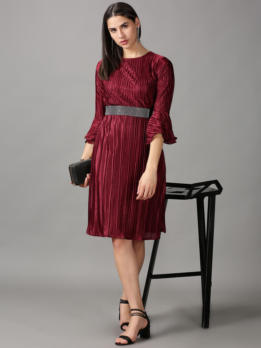 Women's Burgundy Solid A-Line Dress