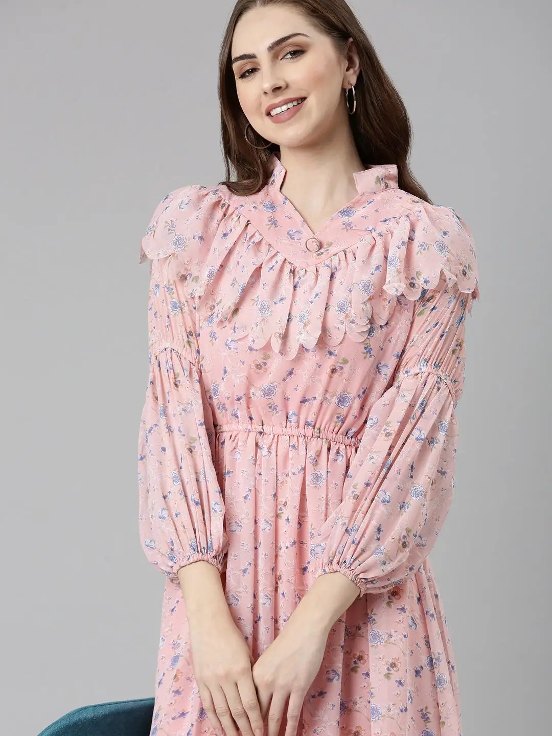 Women's Peach Printed Fit and Flare Dress