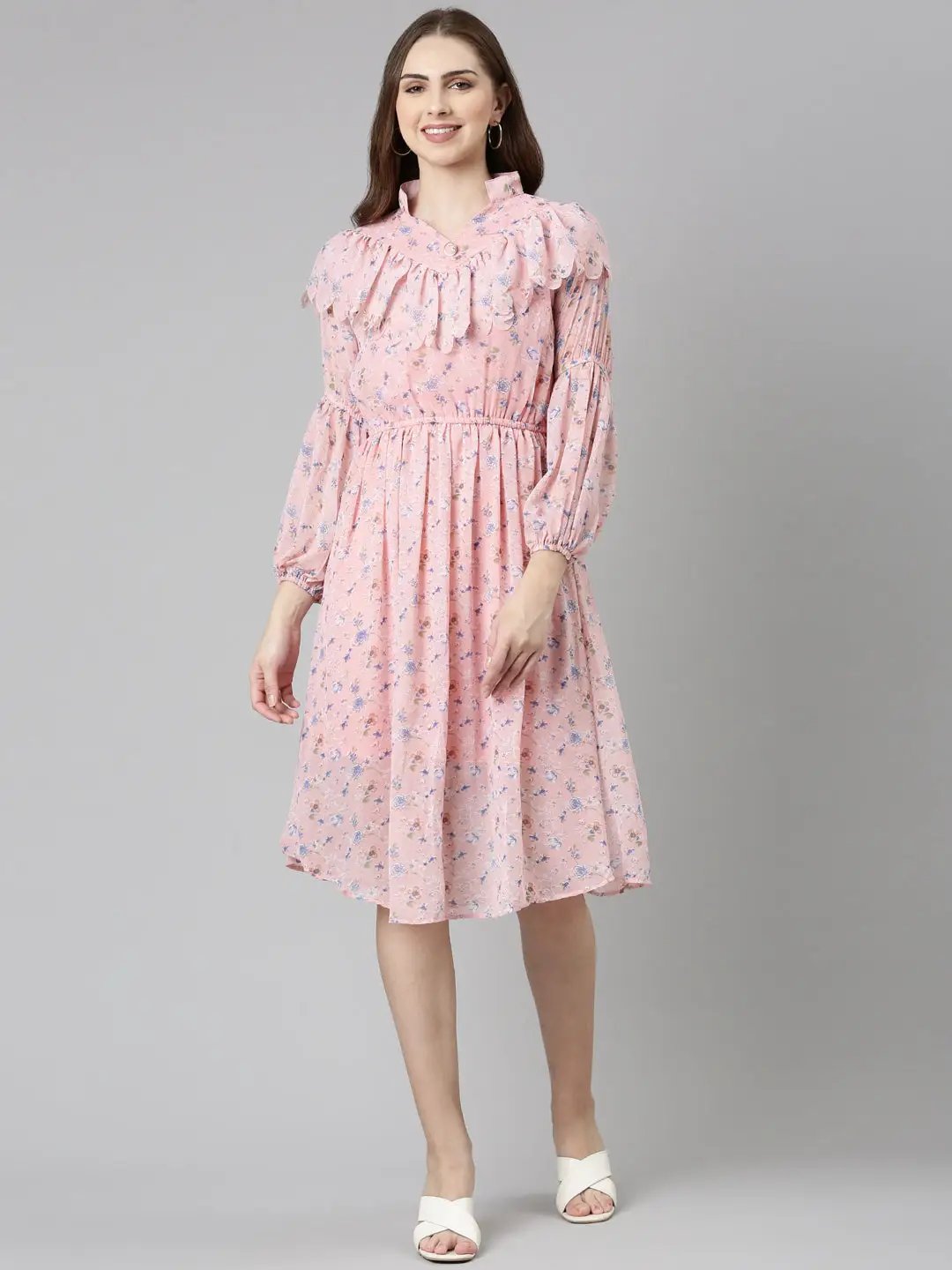 Women's Peach Printed Fit and Flare Dress