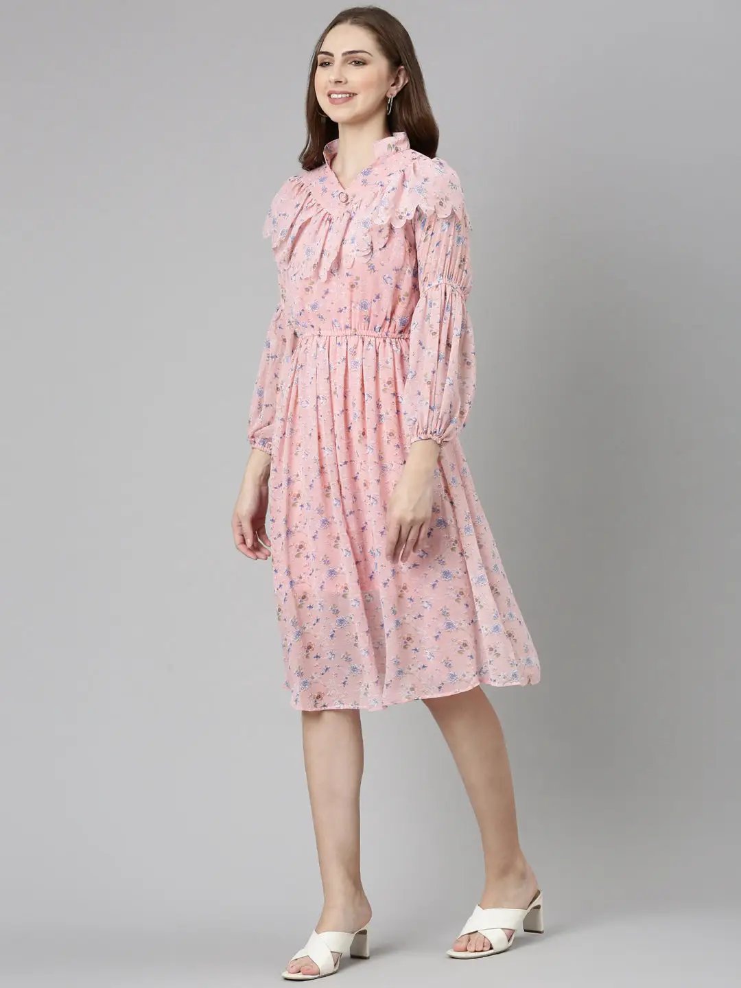 Women's Peach Printed Fit and Flare Dress