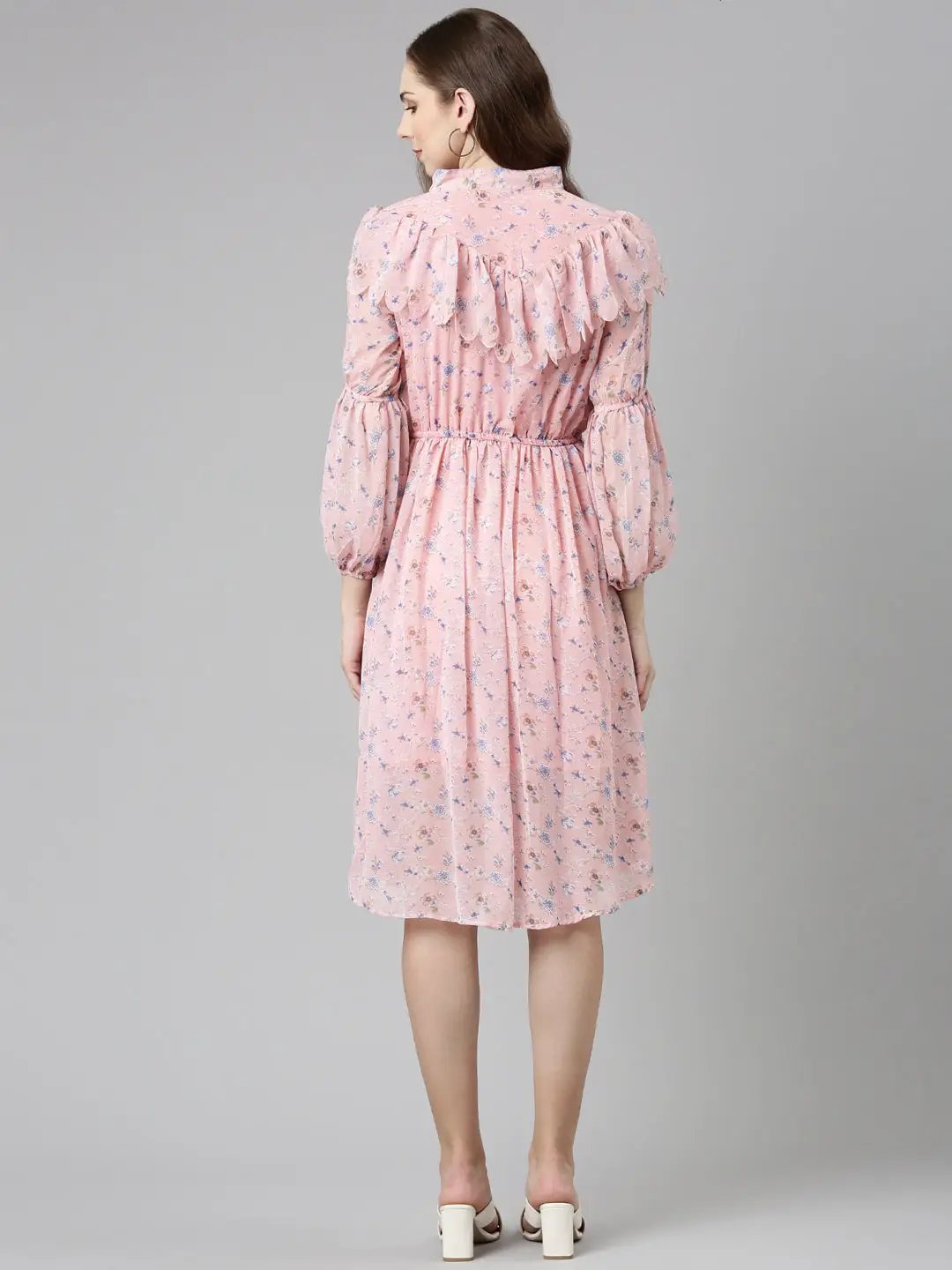 Women's Peach Printed Fit and Flare Dress