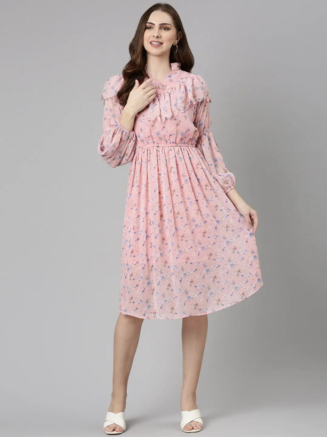 Women's Peach Printed Fit and Flare Dress