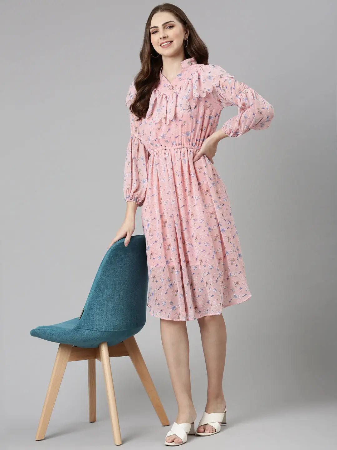 Women's Peach Printed Fit and Flare Dress