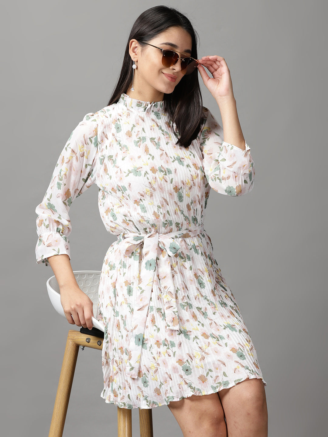 Women's White Floral Fit and Flare Dress