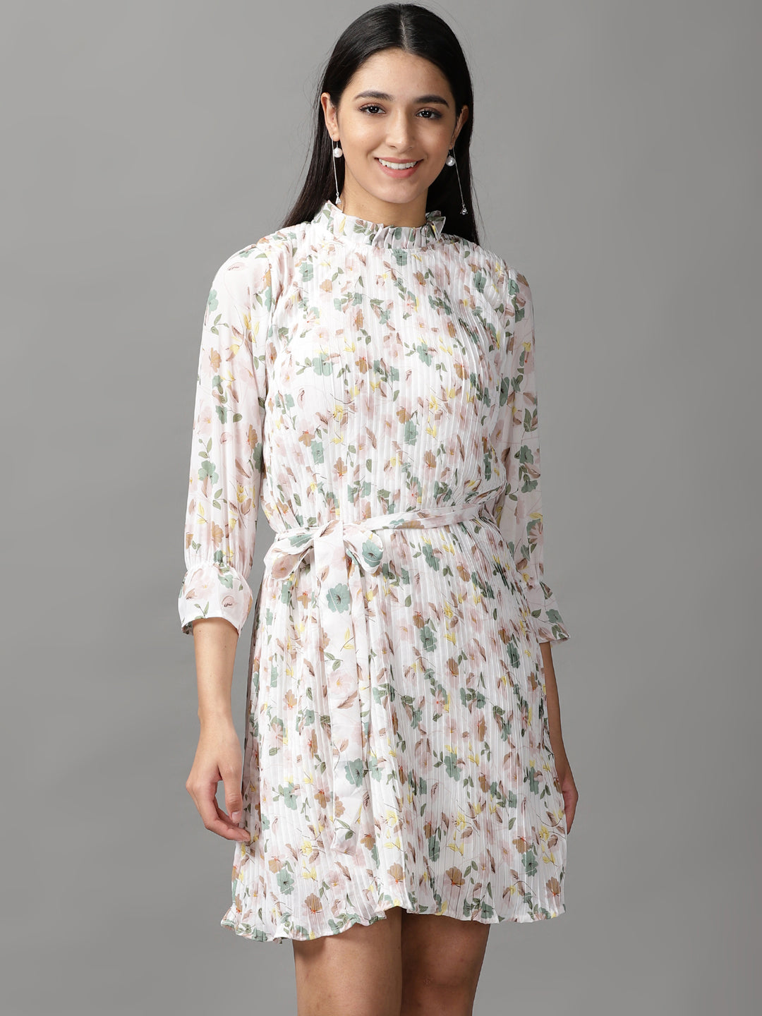 Women's White Floral Fit and Flare Dress