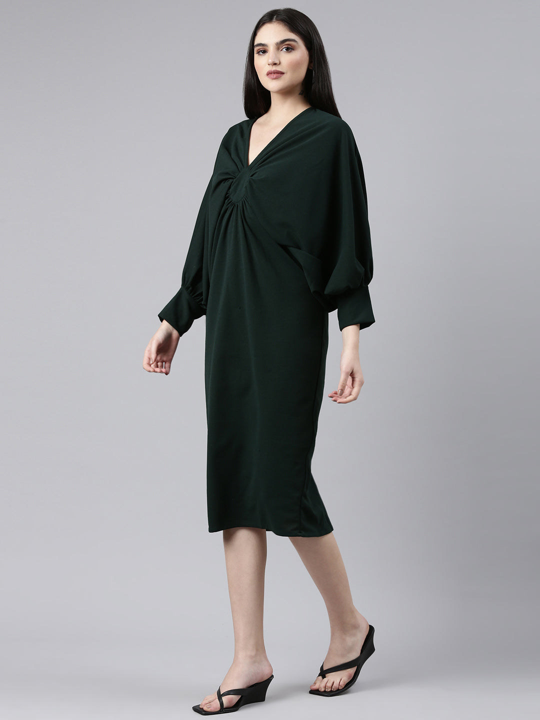 Women's Green Solid A-Line Dress