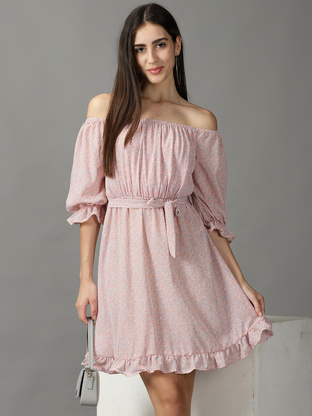 Women's Peach Printed Fit and Flare Dress