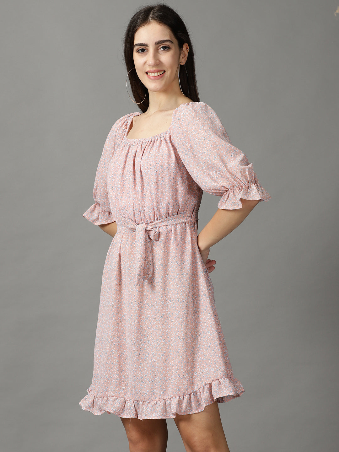 Women's Peach Printed Fit and Flare Dress