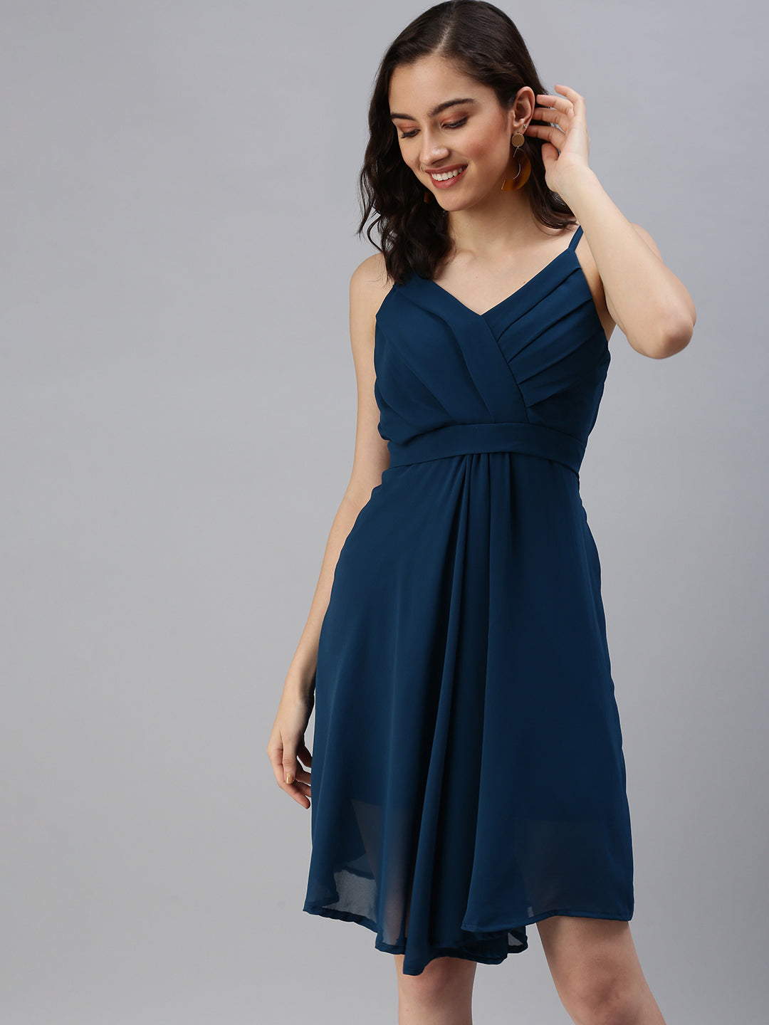 Women's Solid Teal Fit and Flare Dress