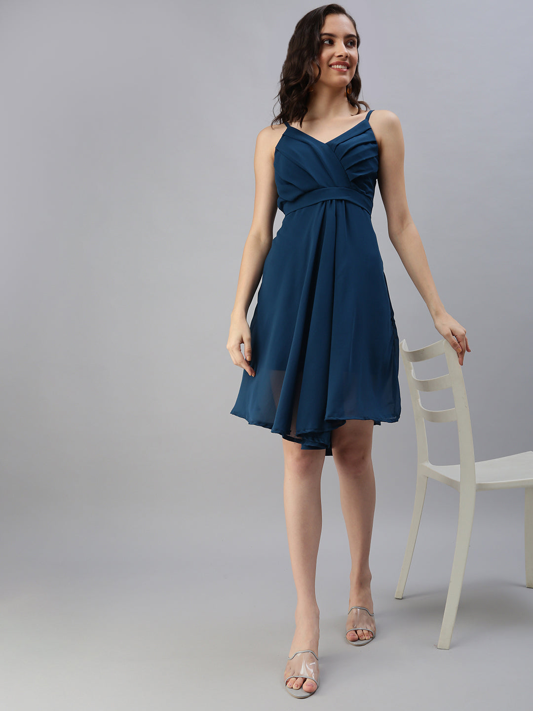 Women's Solid Teal Fit and Flare Dress