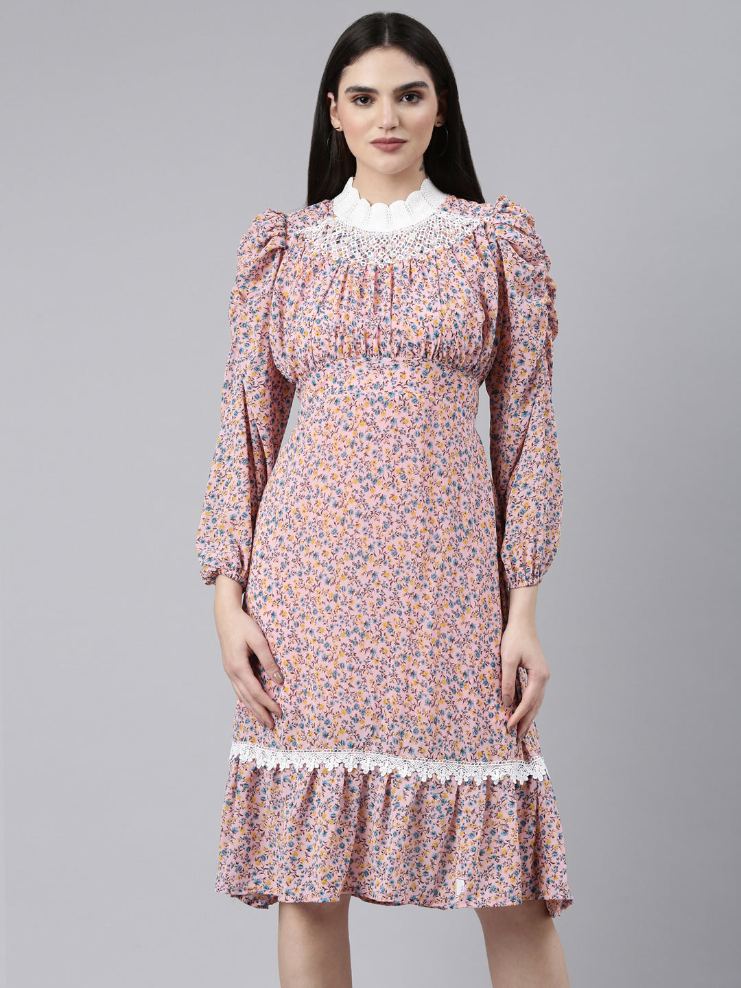 Women Pink Printed Fit and Flare Dress