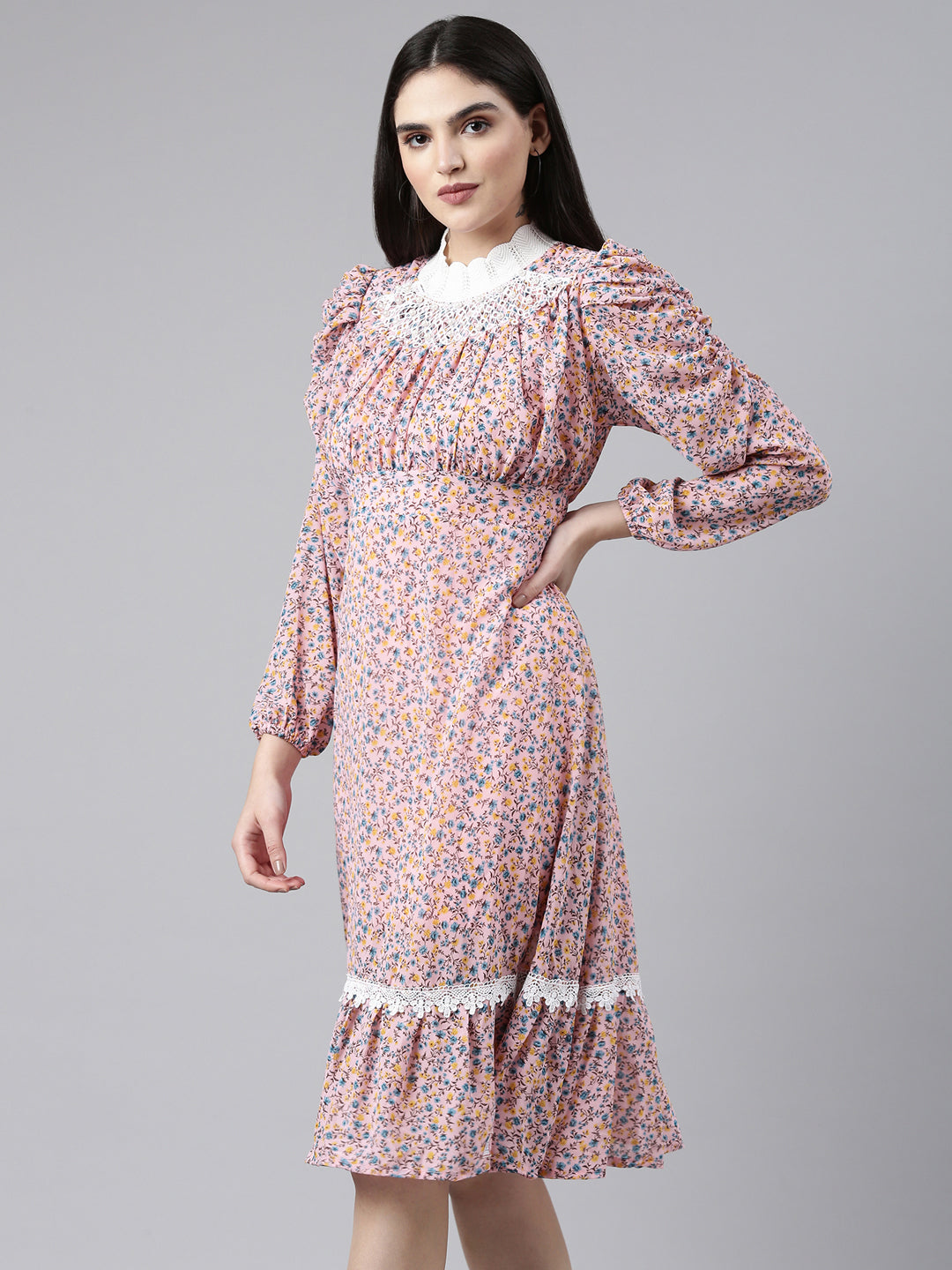 Women Pink Printed Fit and Flare Dress