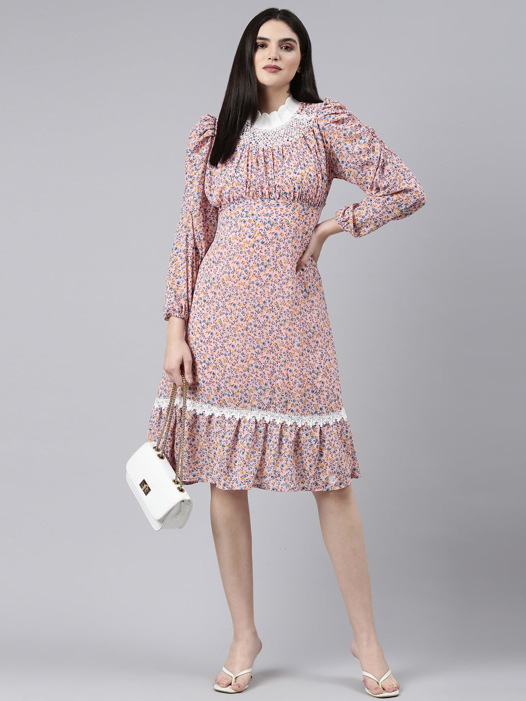 Women Pink Printed Fit and Flare Dress