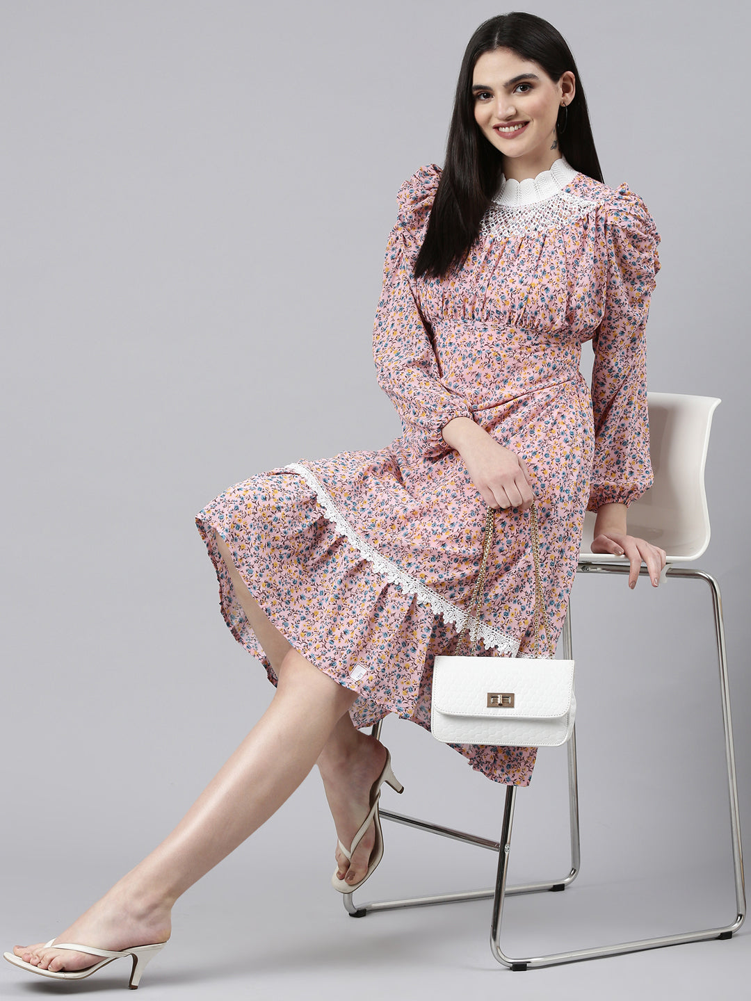 Women Pink Printed Fit and Flare Dress