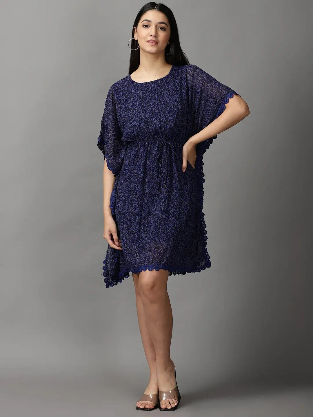 Women's Blue Floral Fit and Flare Dress
