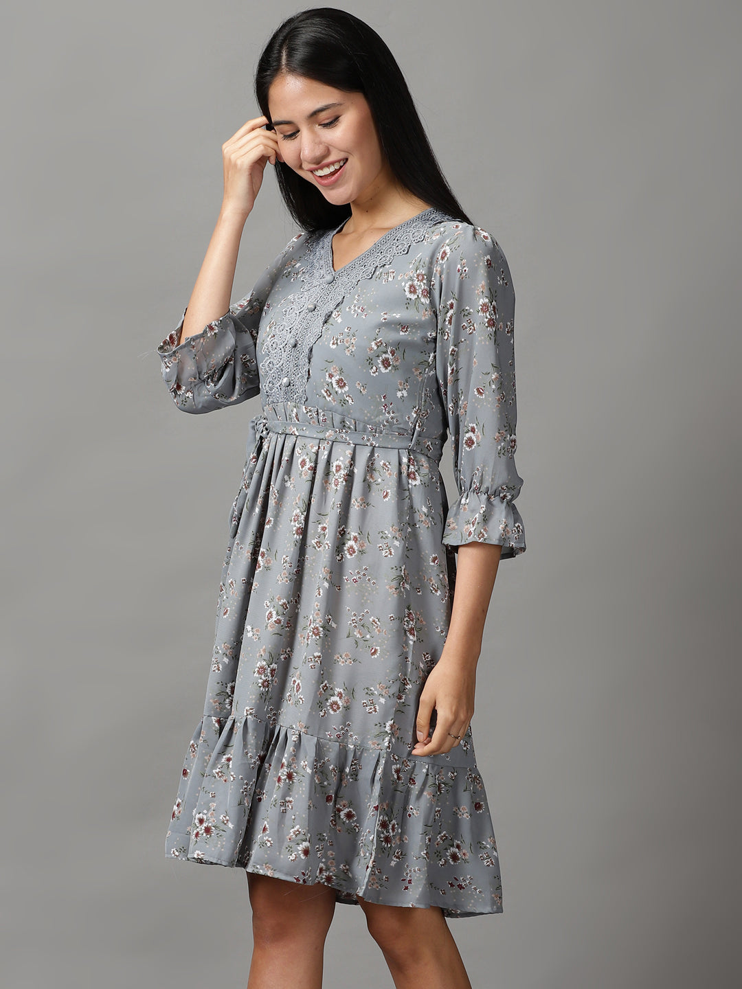 Women's Grey Floral Fit and Flare Dress