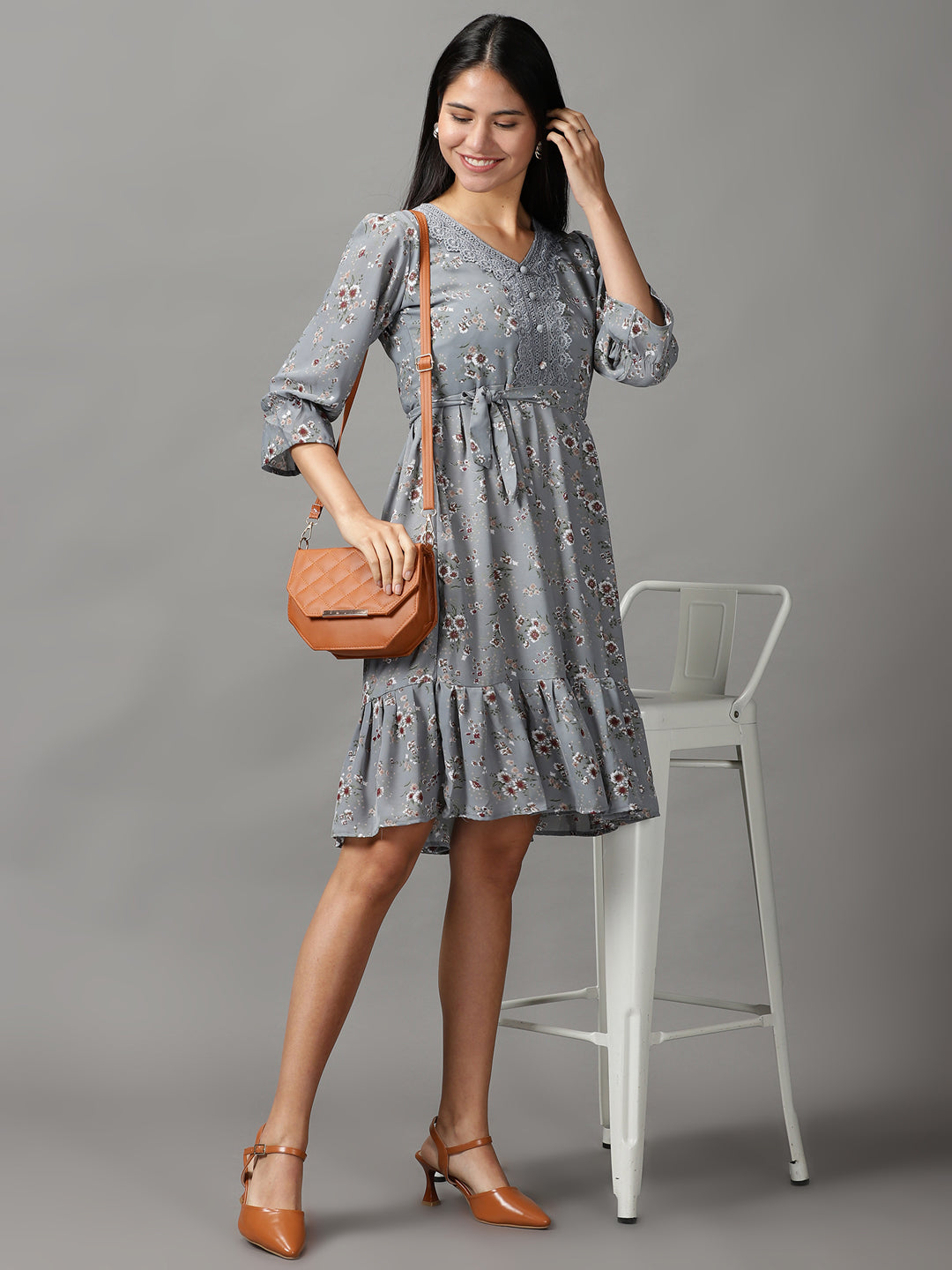 Women's Grey Floral Fit and Flare Dress