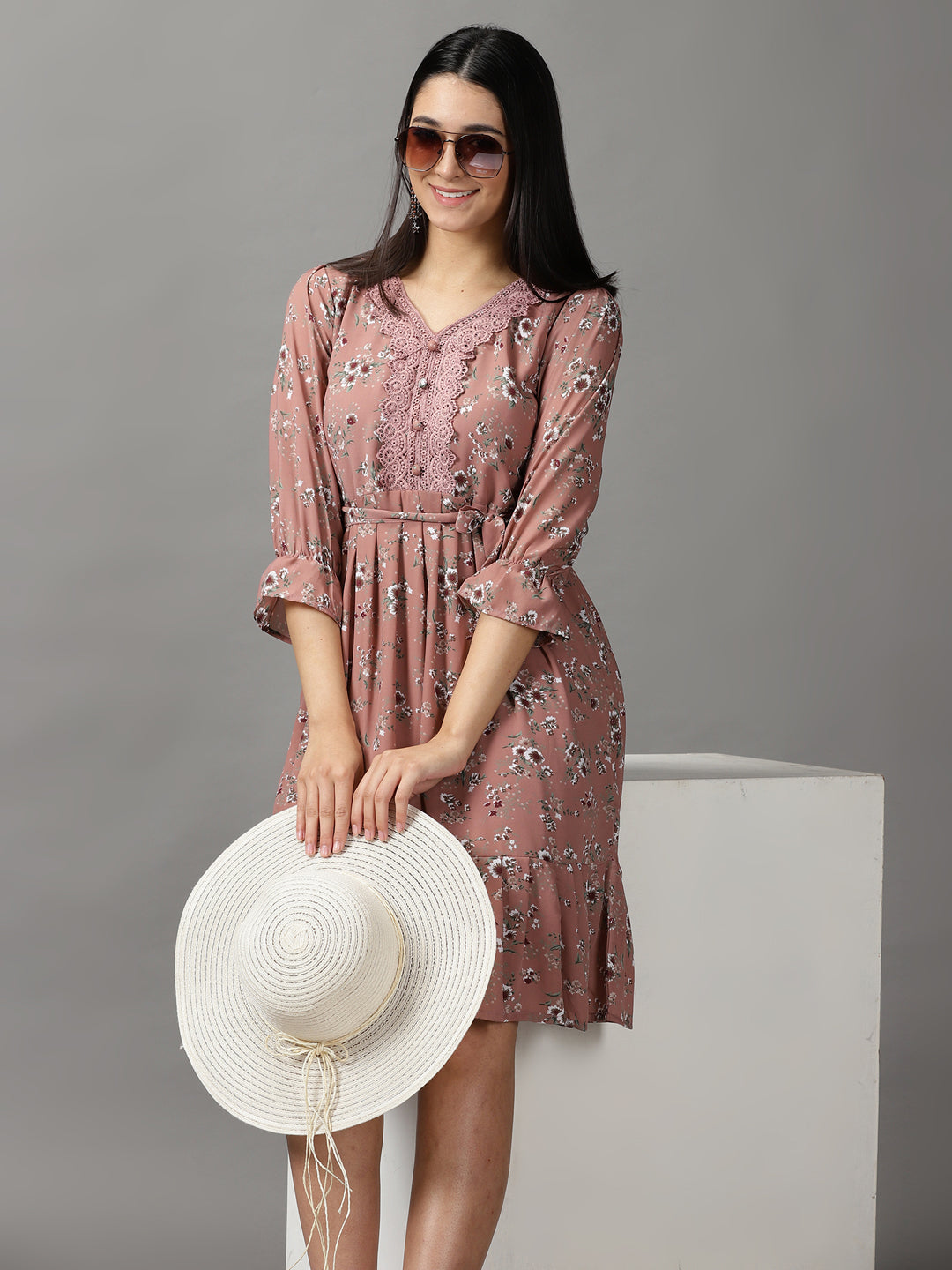 Women's Mauve Floral Fit & Flare Dress