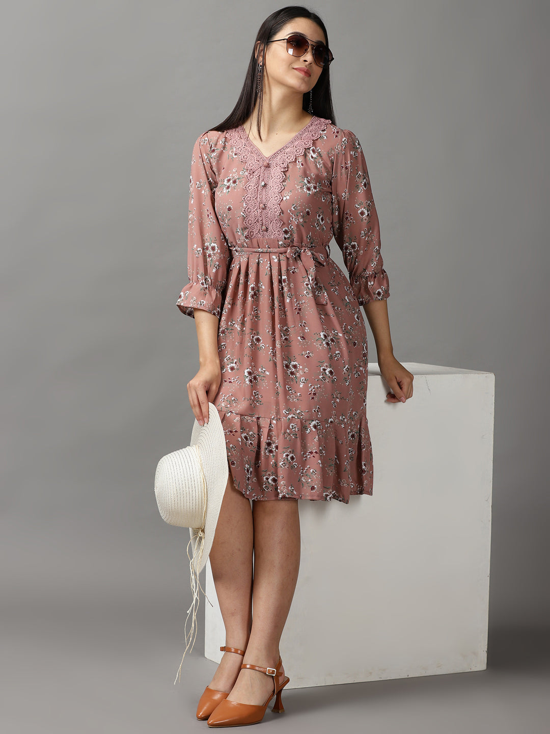 Women's Mauve Floral Fit & Flare Dress