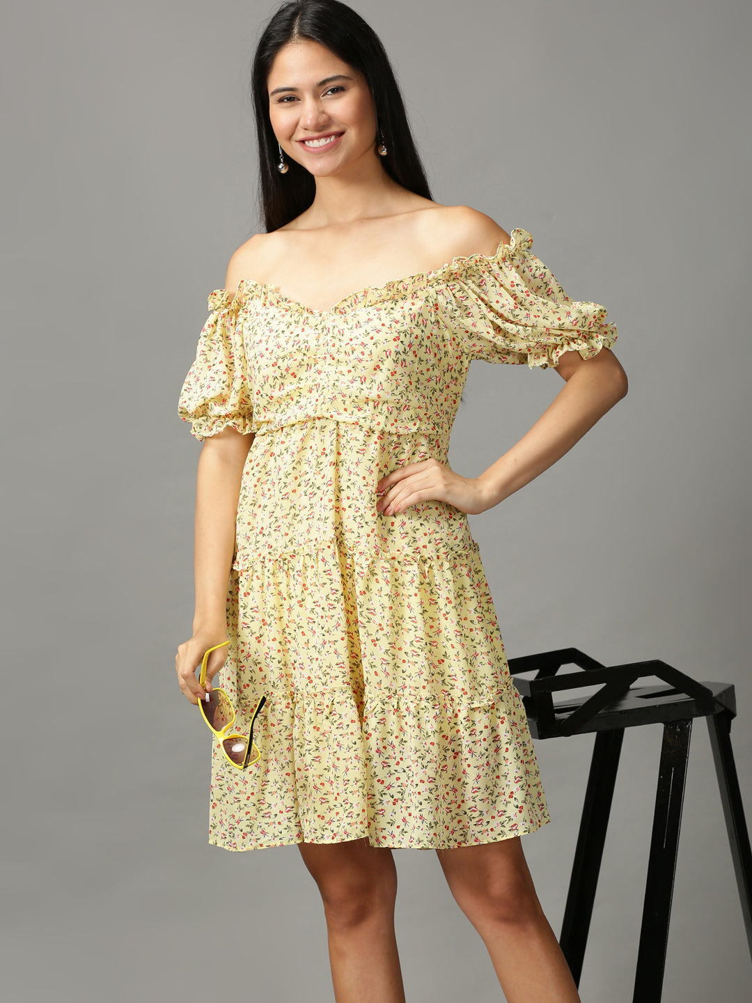 Women's Yellow Printed Fit and Flare Dress