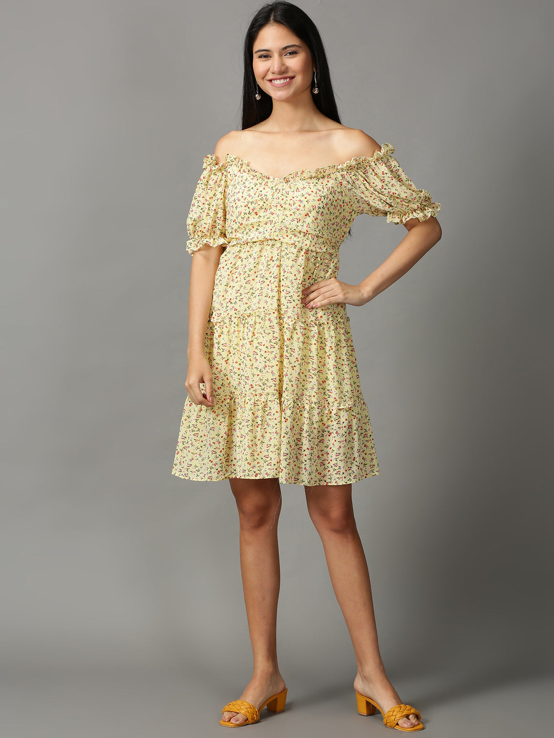 Women's Yellow Printed Fit and Flare Dress