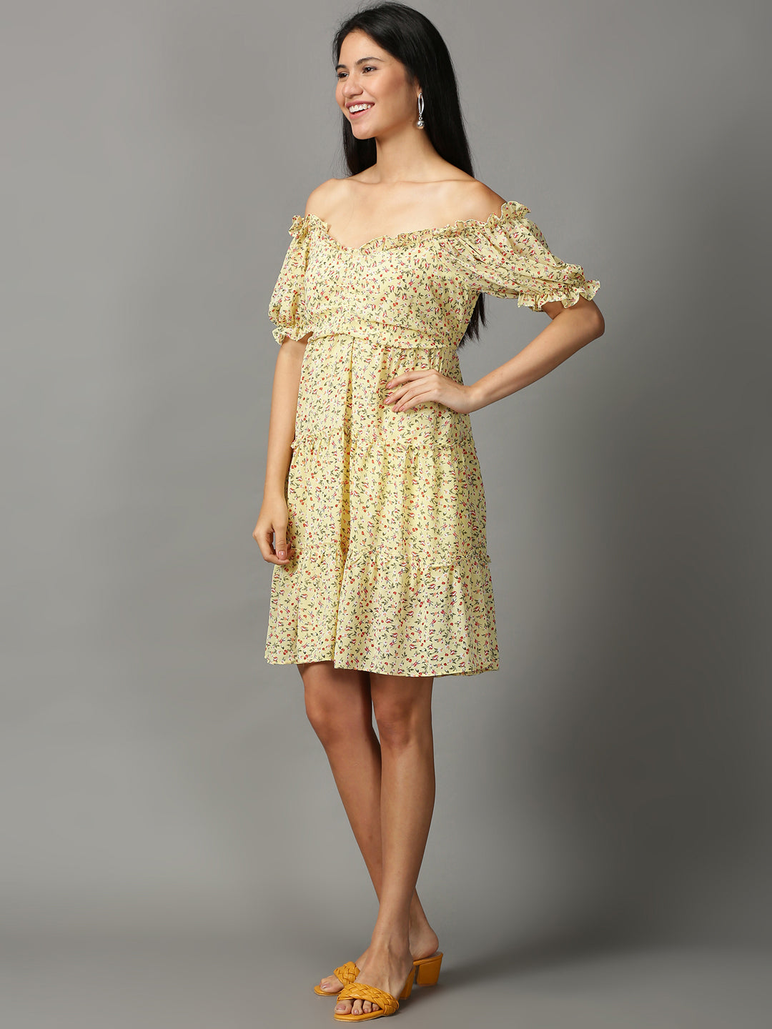 Women's Yellow Printed Fit and Flare Dress