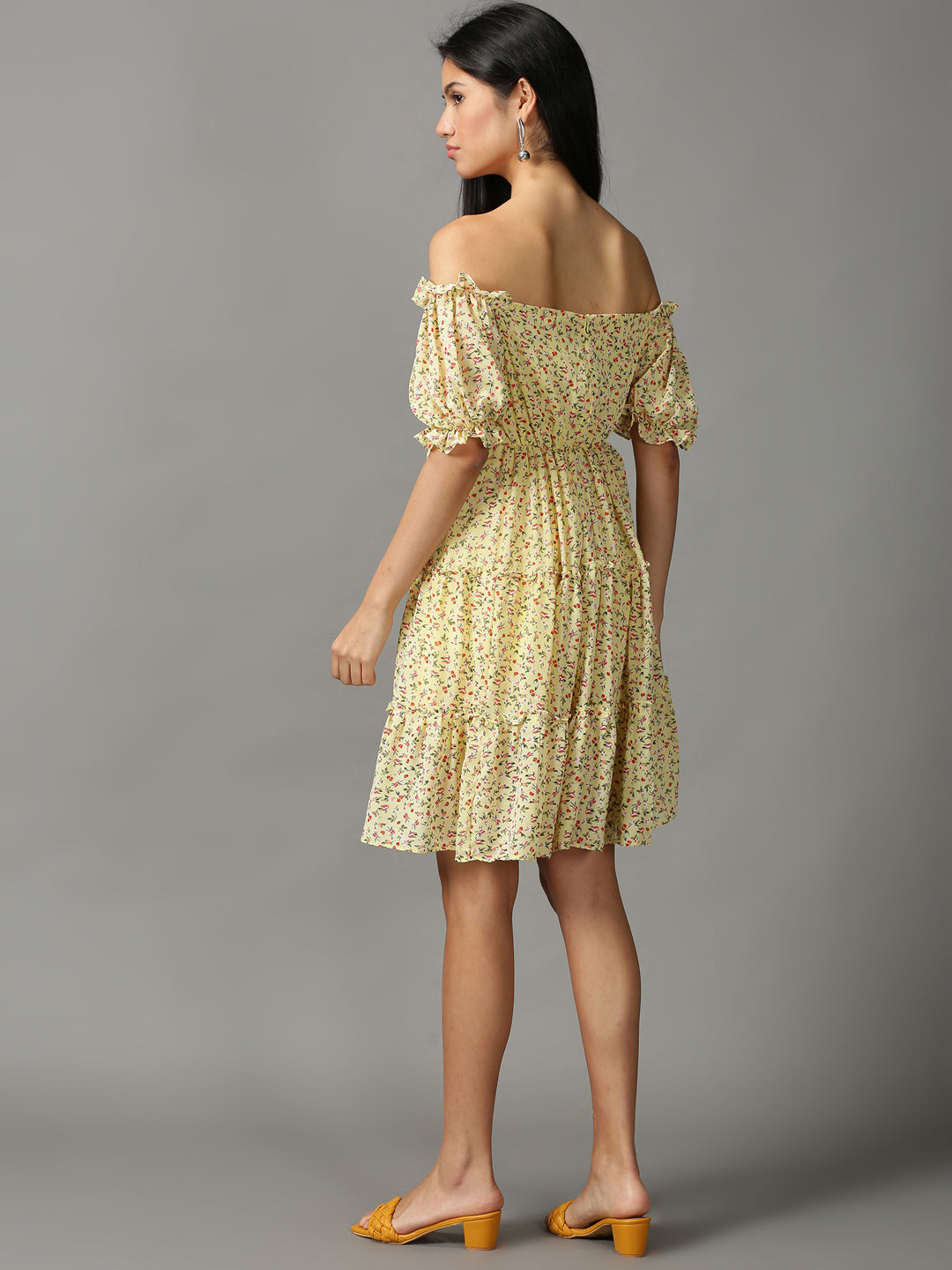 Women's Yellow Printed Fit and Flare Dress