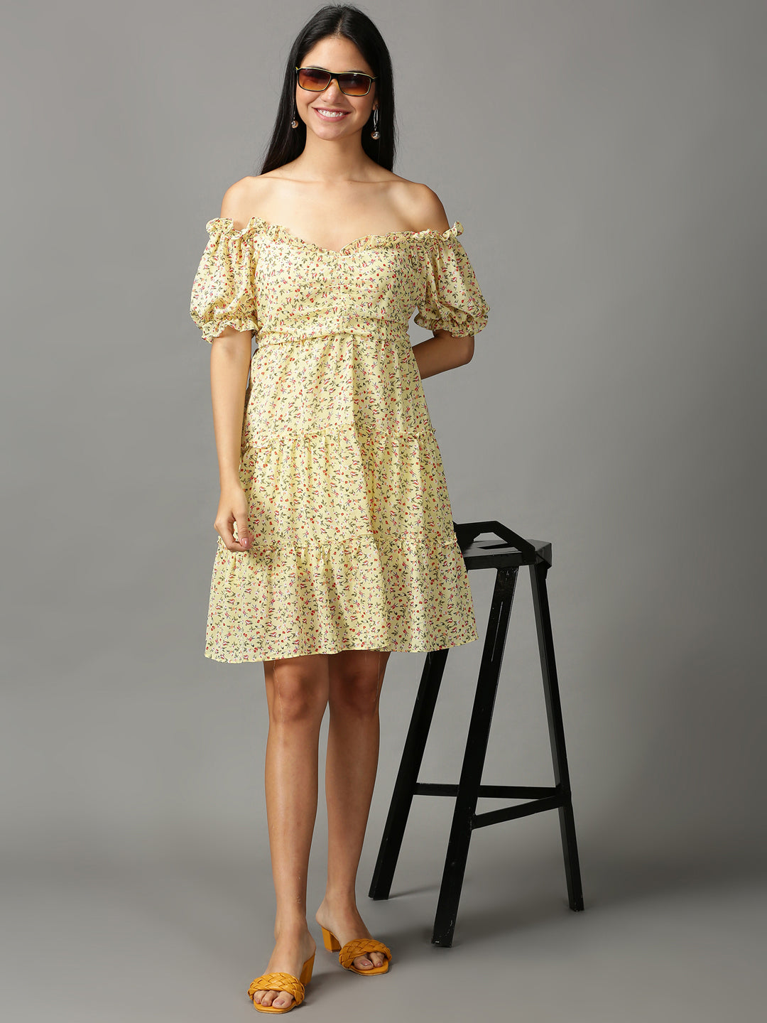 Women's Yellow Printed Fit and Flare Dress