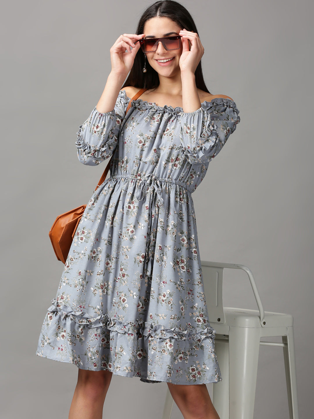 Women's Blue Printed Fit and Flare Dress