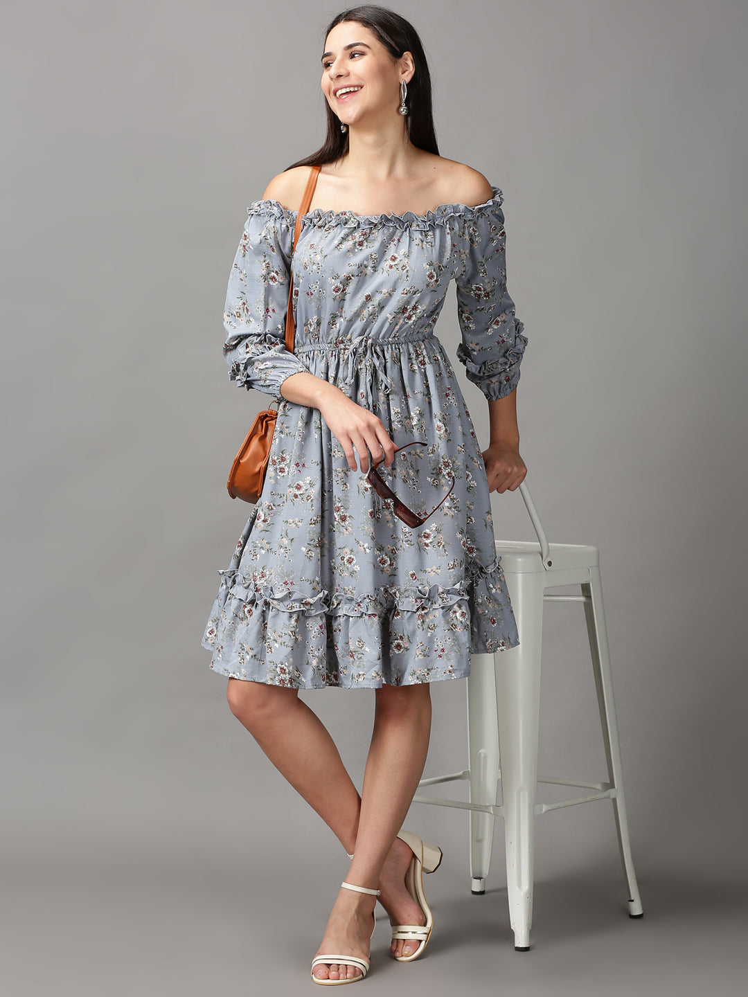 Women's Blue Printed Fit and Flare Dress