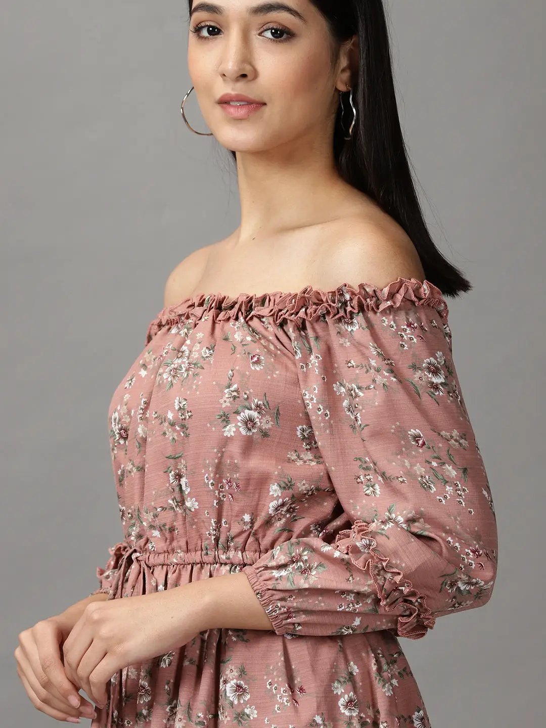 Shop Women's Mauve Floral Off-Shoulder Fit & Flare Dress| Showoffff Shop Women's Mauve Floral Off-Shoulder Fit & Flare Dress| Showoffff