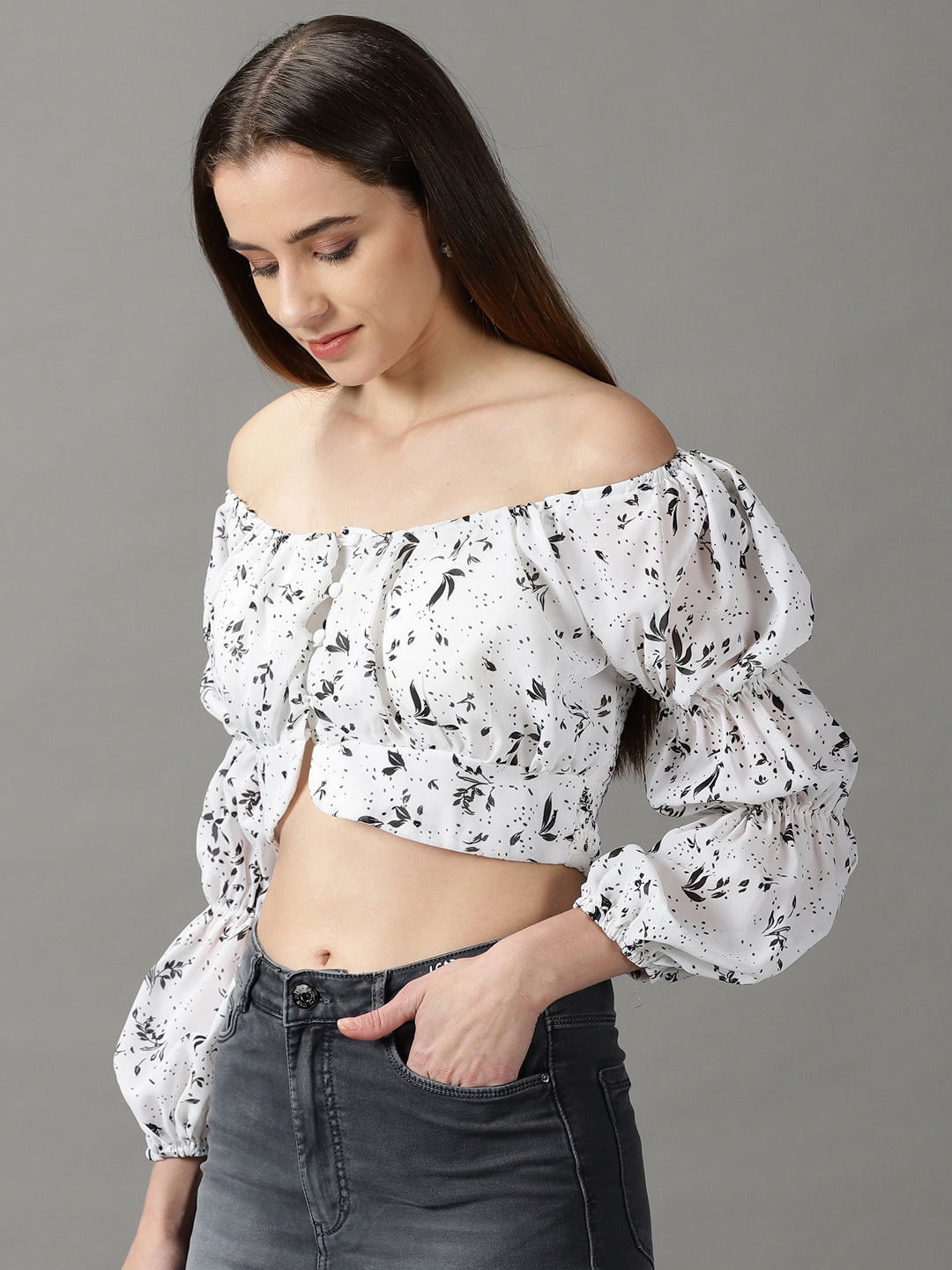 Women's White Printed Crop Top