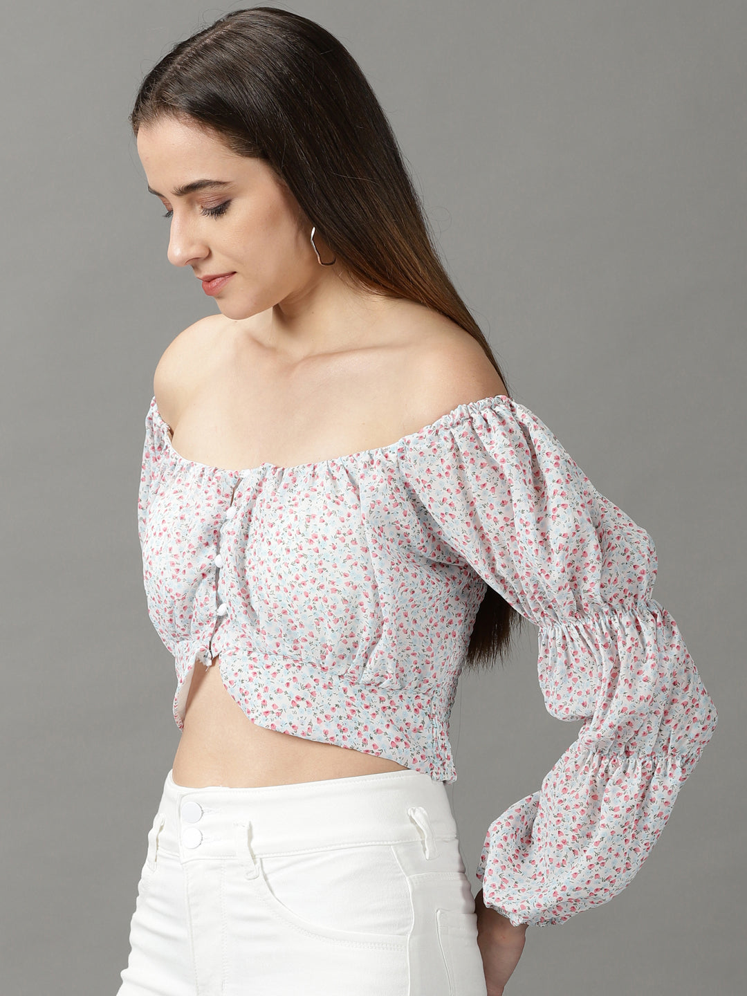 Women's White Printed Crop Top