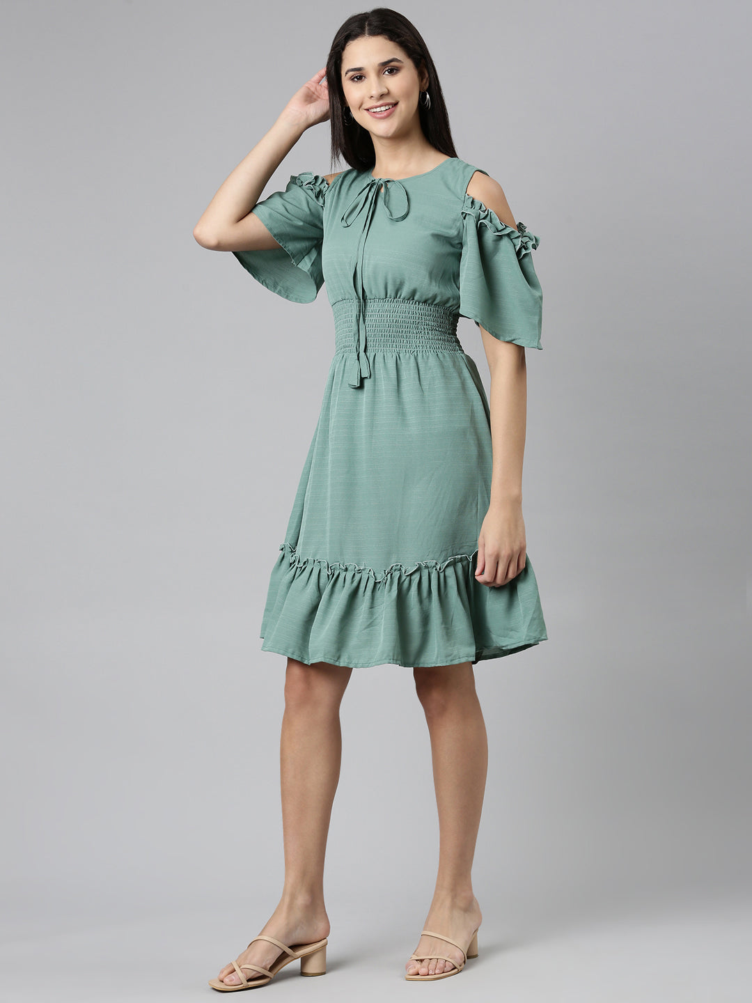 Women Sea Green Solid Fit and Flare Dress