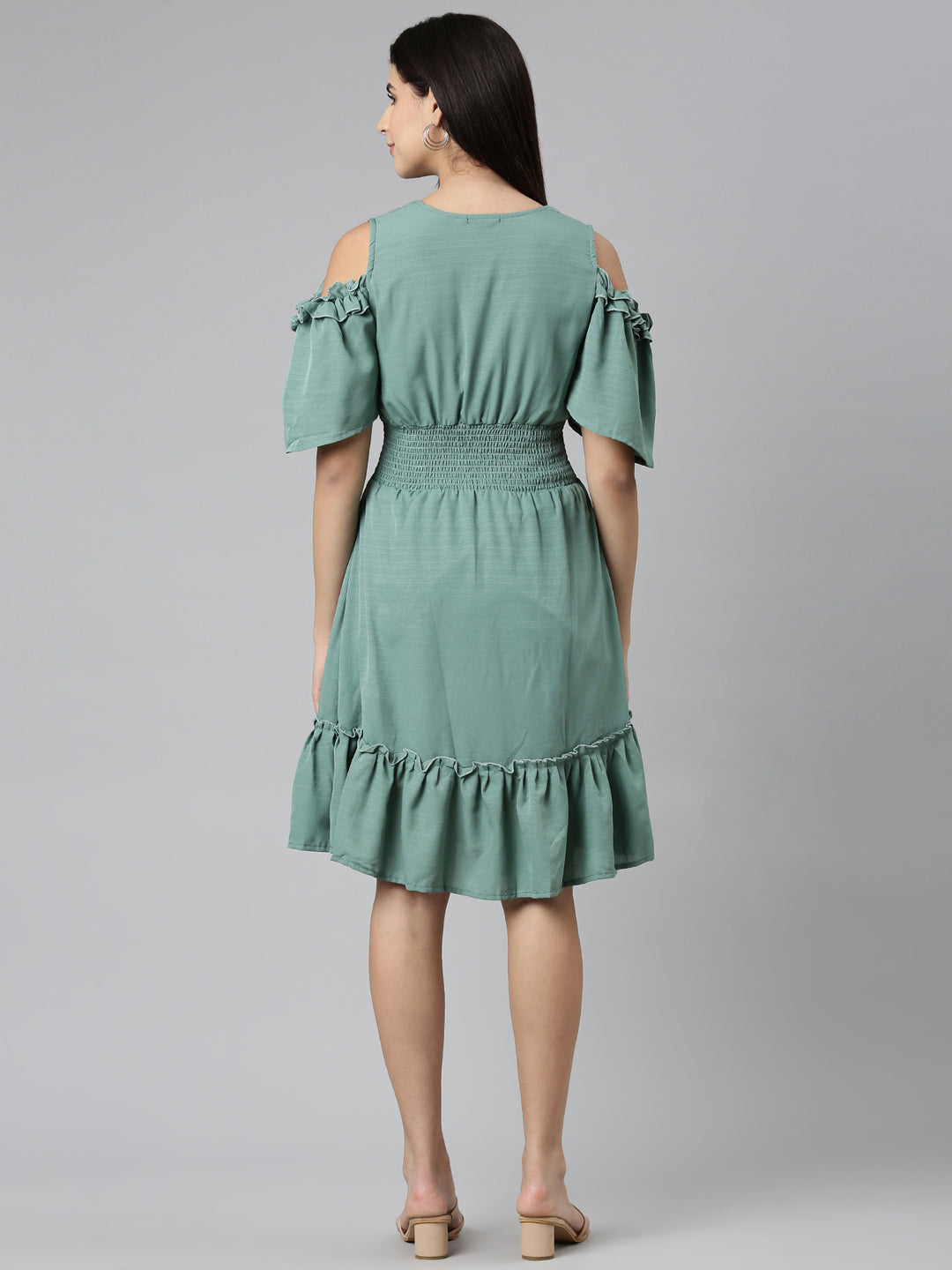 Women Sea Green Solid Fit and Flare Dress