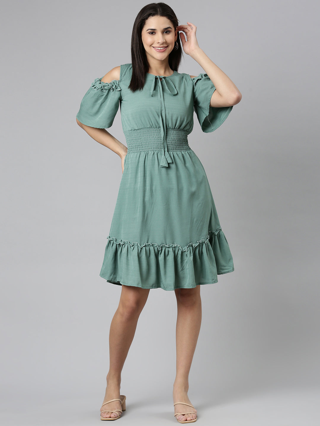 Women Sea Green Solid Fit and Flare Dress