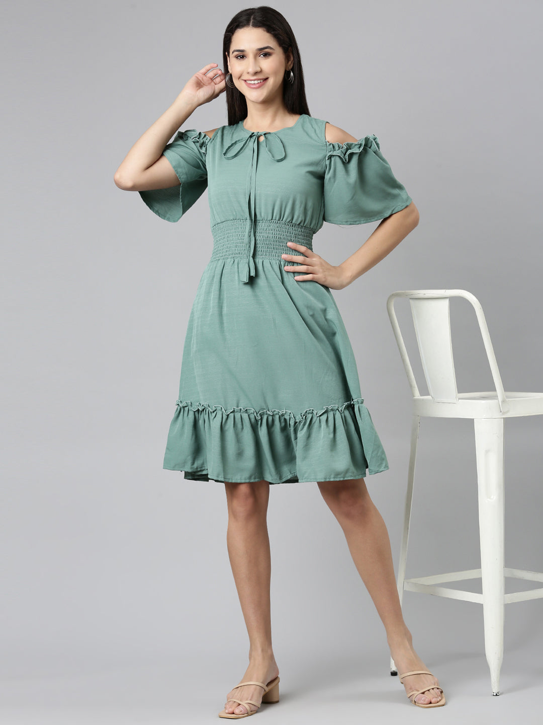 Women Sea Green Solid Fit and Flare Dress