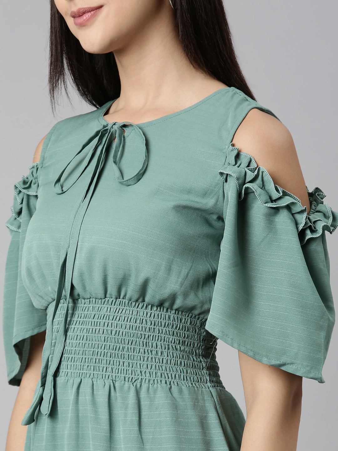 Women Sea Green Solid Fit and Flare Dress