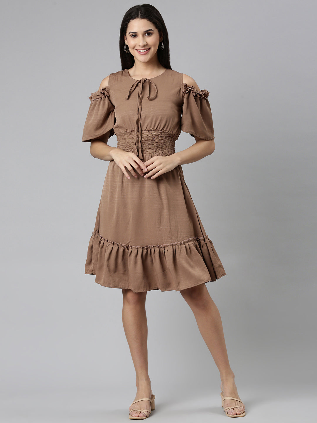 Women Taupe Solid Fit and Flare Dress