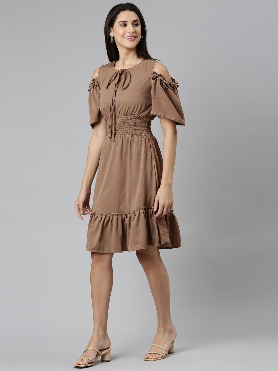 Women Taupe Solid Fit and Flare Dress