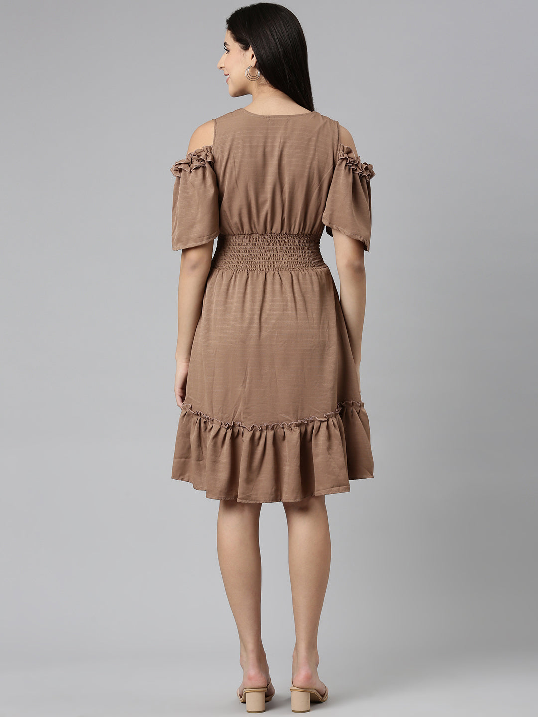 Women Taupe Solid Fit and Flare Dress