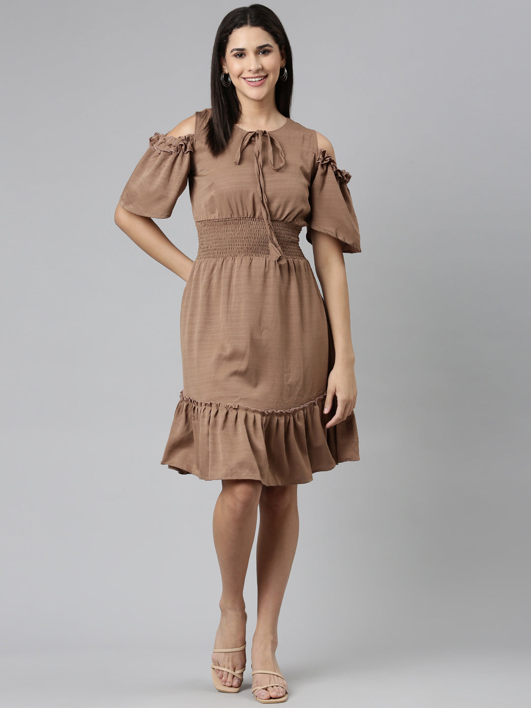 Women Taupe Solid Fit and Flare Dress