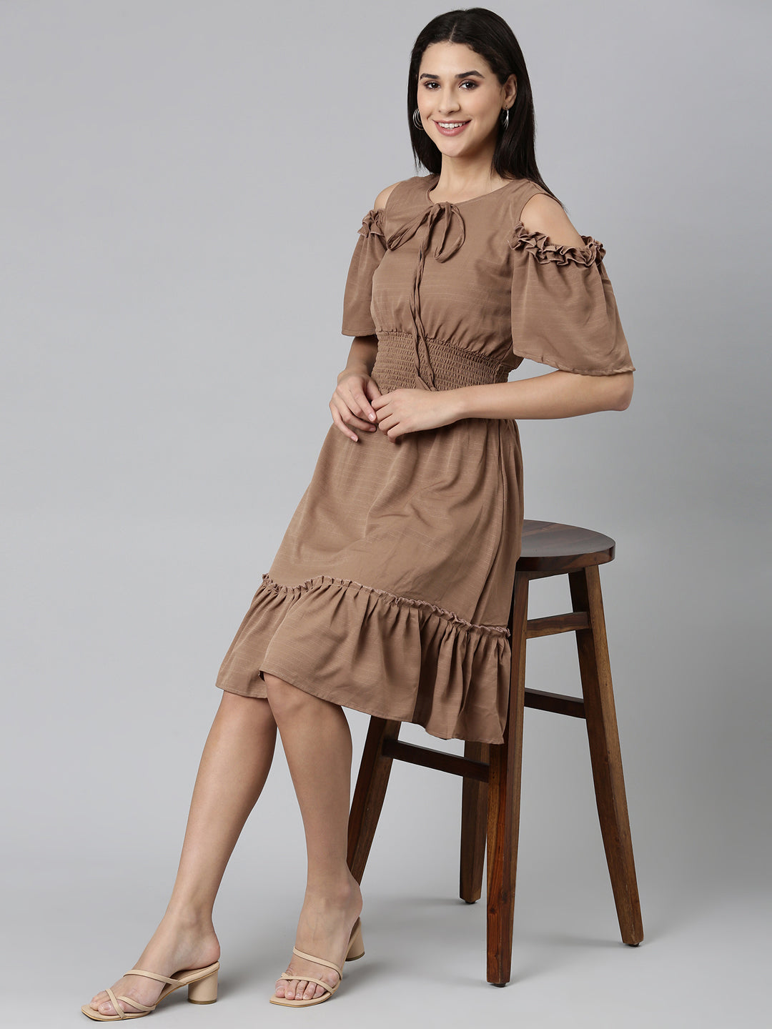 Women Taupe Solid Fit and Flare Dress