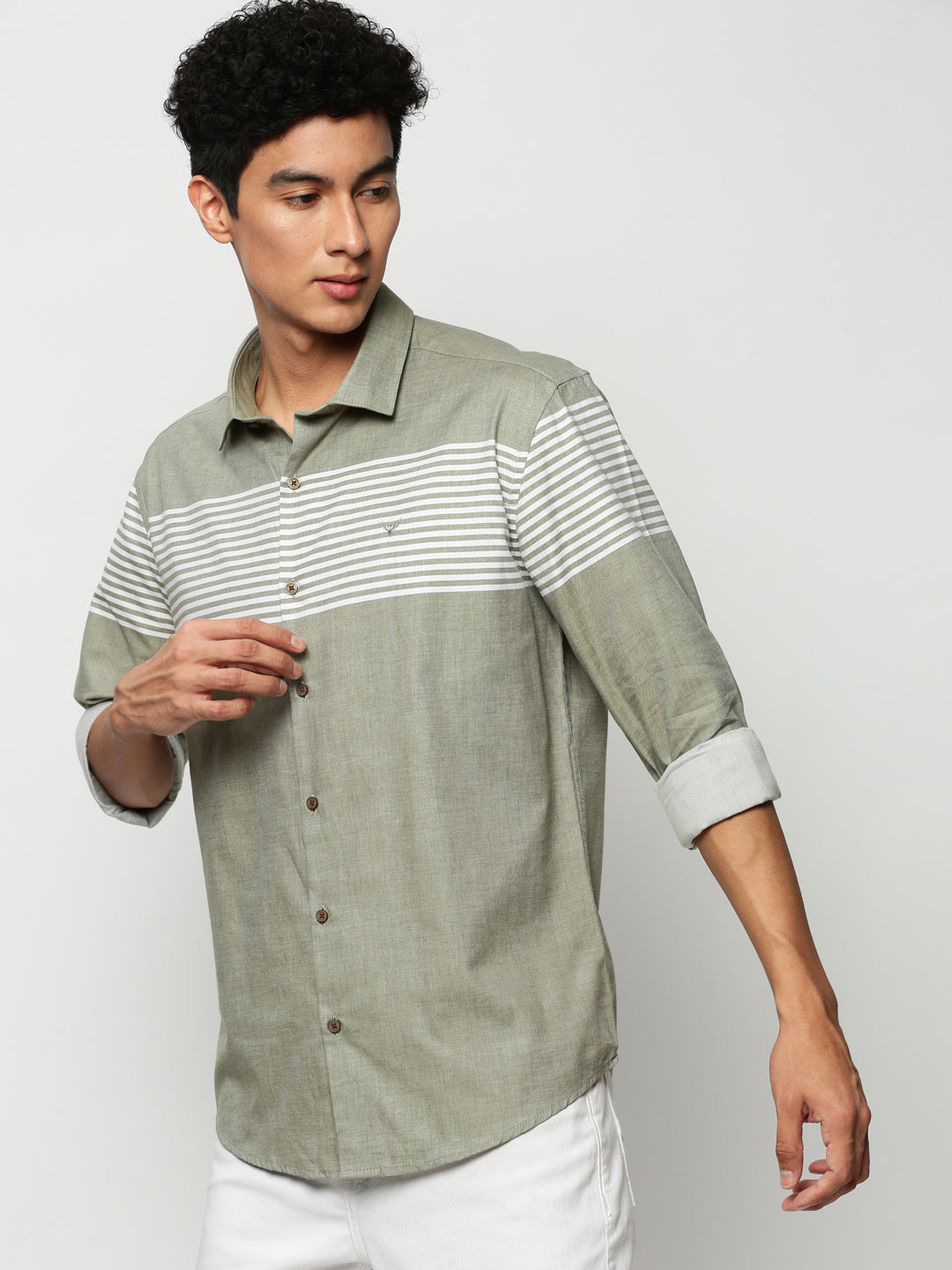 Men Green Striped Casual Casual Shirts