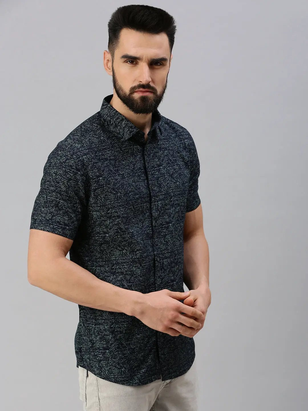 Men's Navy Blue Printed Casual Shirt