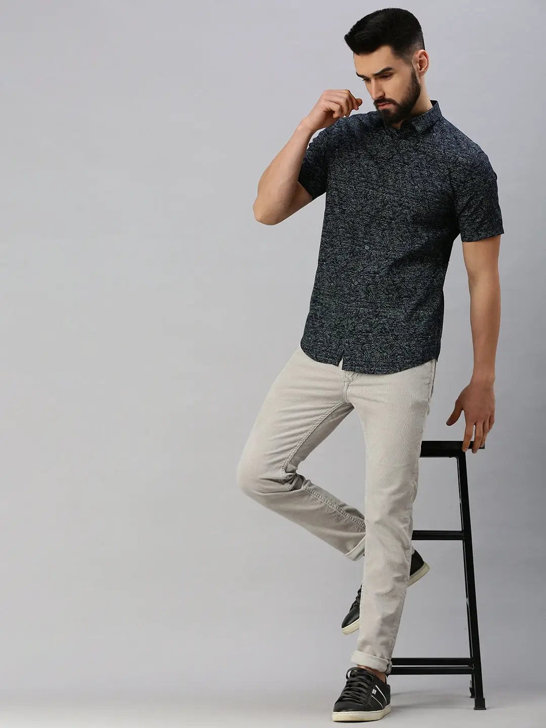 Men's Navy Blue Printed Casual Shirt