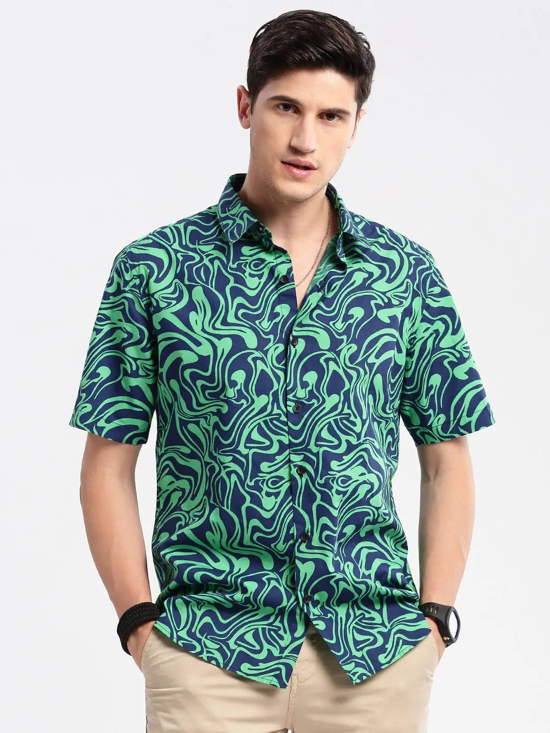 Men's Green Standard Slim Fit Abstract Printed Cotton Shirt