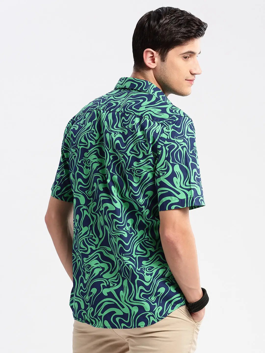 Men's Green Standard Slim Fit Abstract Printed Cotton Shirt