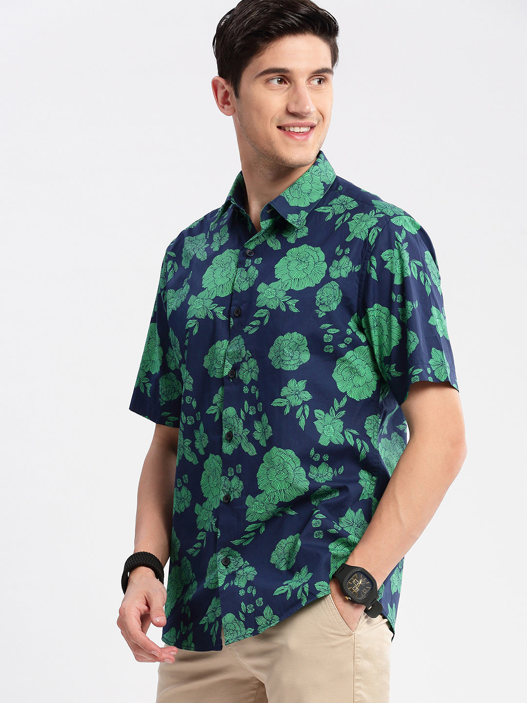 Men's Navy Blue Standard Slim Fit Floral Printed Cotton Casual Shirt