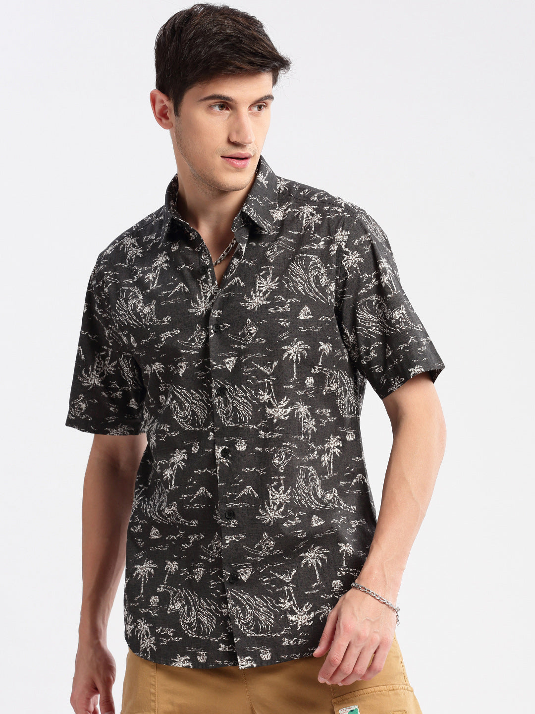 Men's Grey Standard Slim Fit Floral Printed Cotton Shirt